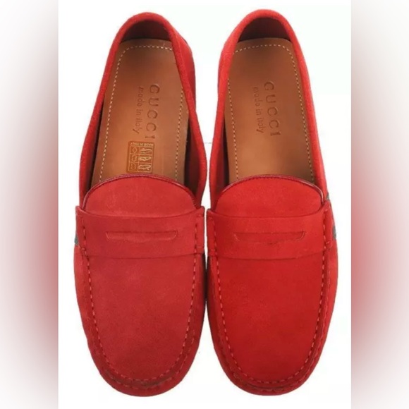 GUCCI RED SUEDE LEATHER WEB DETAIL MOCCASIN LOAFERS SHOES 5.5/US 6 NWB - Picture 5 of 8